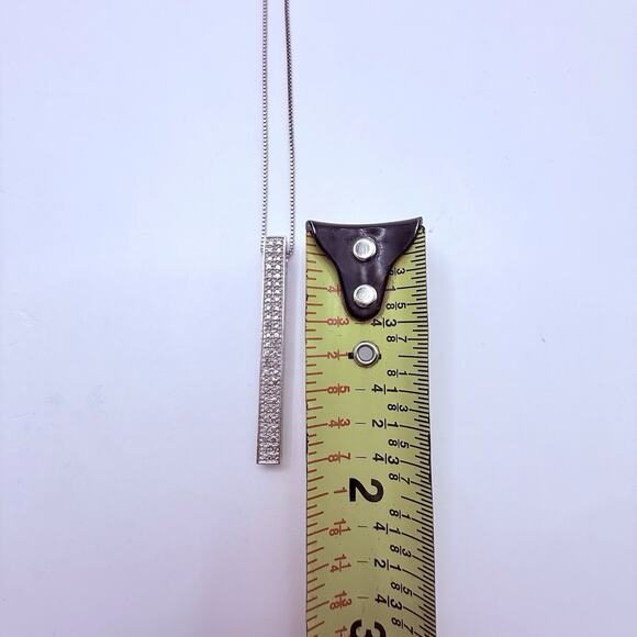 925 Sterling Silver Bar Necklace Pavé Vertical Pendant Italy Box Chain 16” - Picture 10 of 10